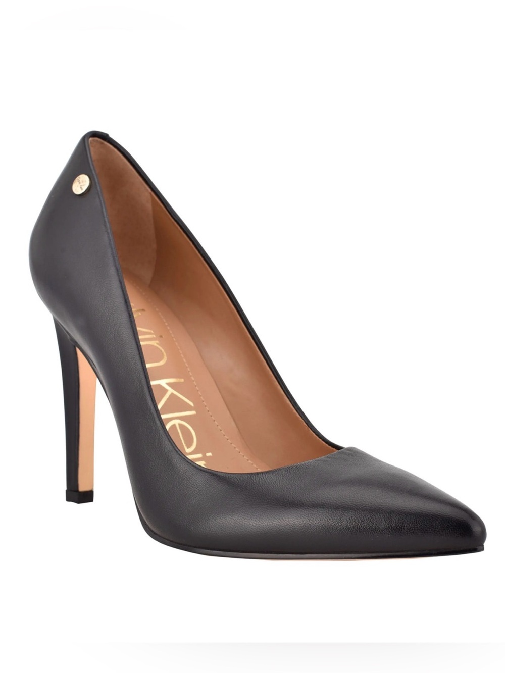 OFFERS! Size 7.5 black heel Calvin Klein Black Leather Pointed Toe Stiletto Heel